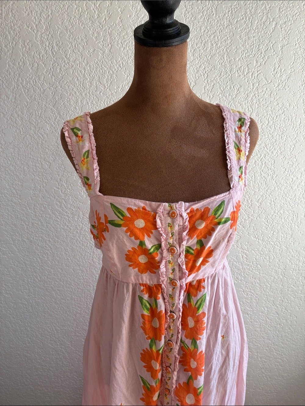 Farm Rio Papaya Salad Maxi Dress Pink Floral Button Front Back Bow M - Picture 5 of 12